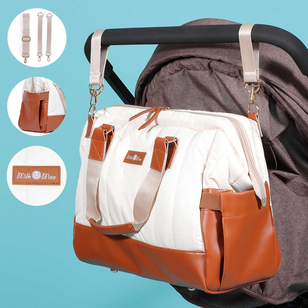 Milk&Moo quilted diaper bag in brown and beige with vegan leather handles and stroller straps — view 4