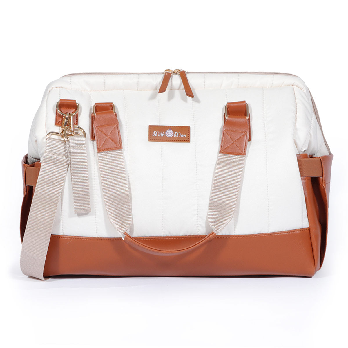 Milk&Moo quilted diaper bag in brown and beige with vegan leather handles and stroller straps