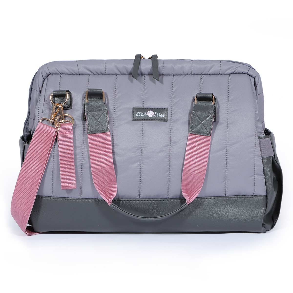 Dark gray quilted diaper bag with vegan leather straps and spacious double zipper opening