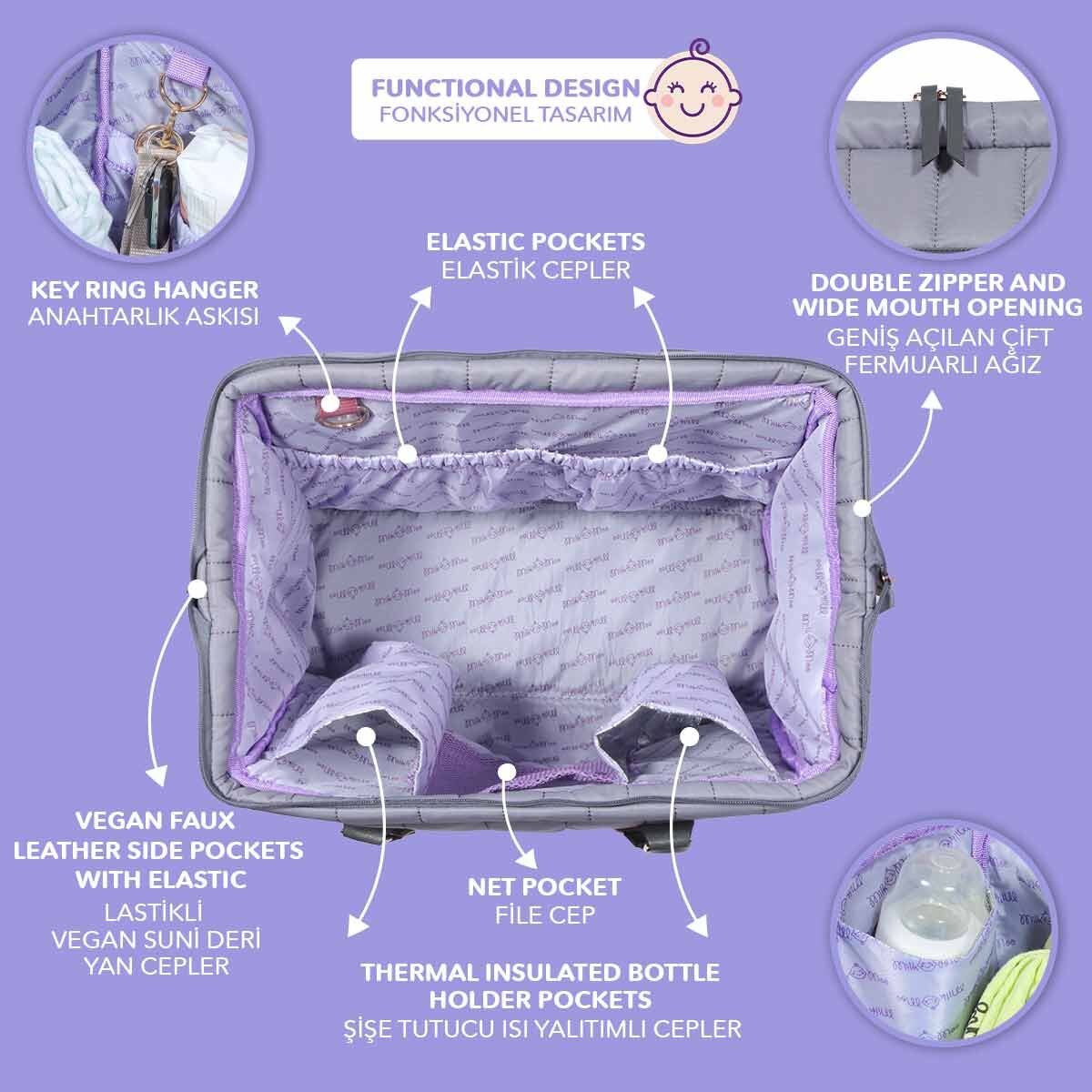 Dark gray quilted diaper bag with vegan leather straps and spacious double zipper opening — view 4