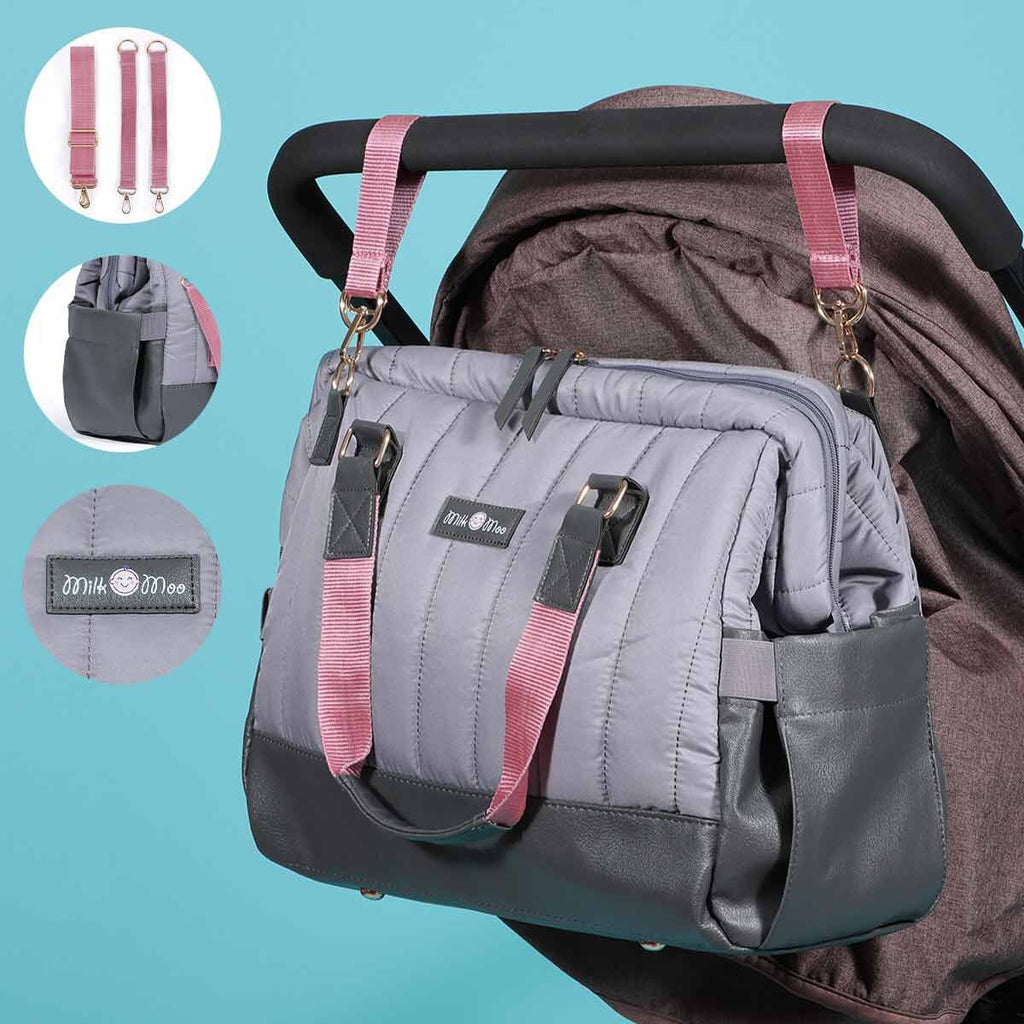 Dark gray quilted diaper bag with vegan leather straps and spacious double zipper opening — view 3