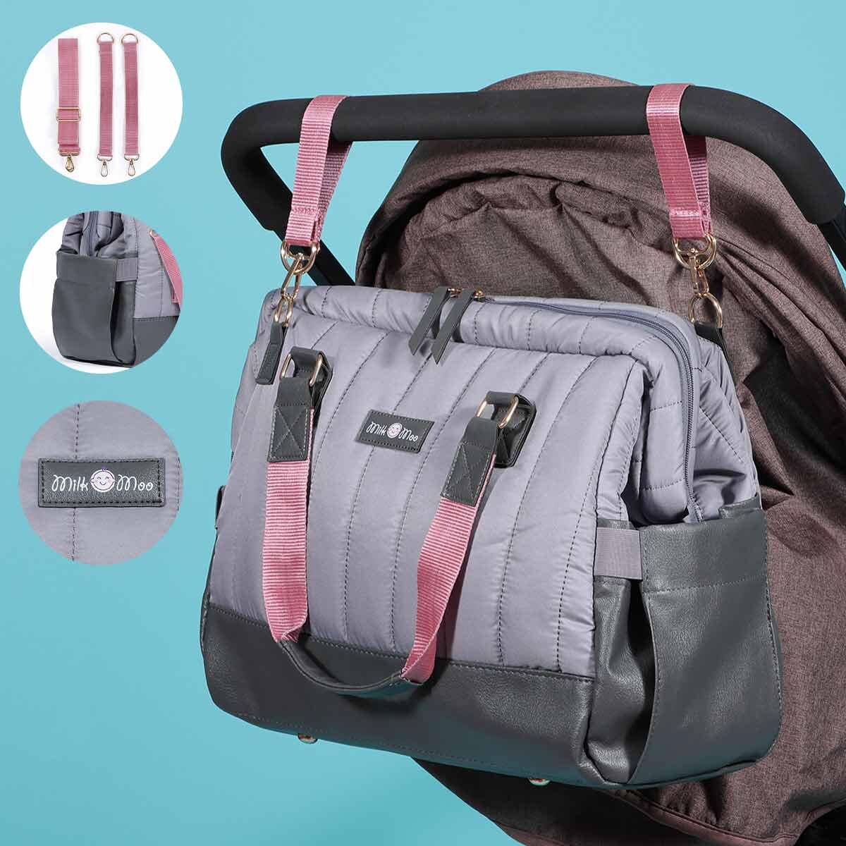 Dark gray quilted diaper bag with vegan leather straps and spacious double zipper opening — view 3