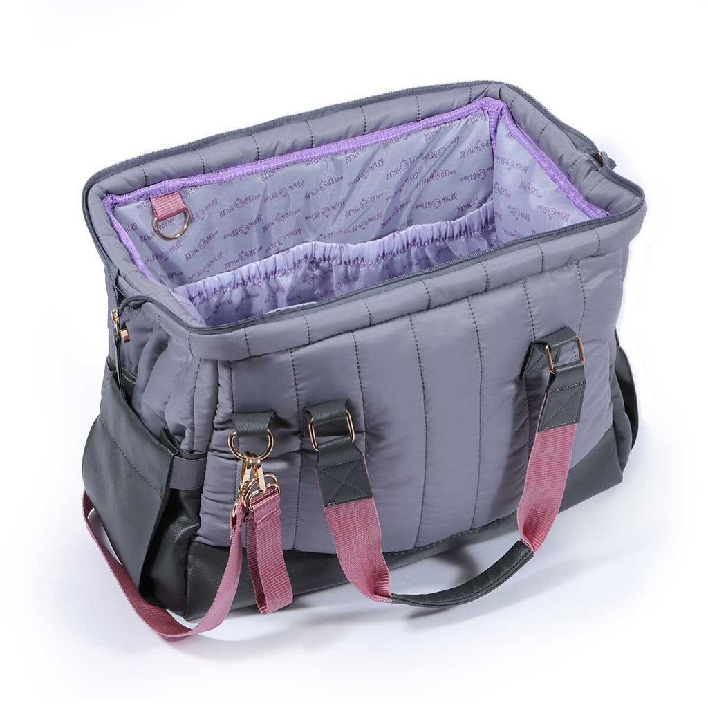 Dark gray quilted diaper bag with vegan leather straps and spacious double zipper opening — view 5