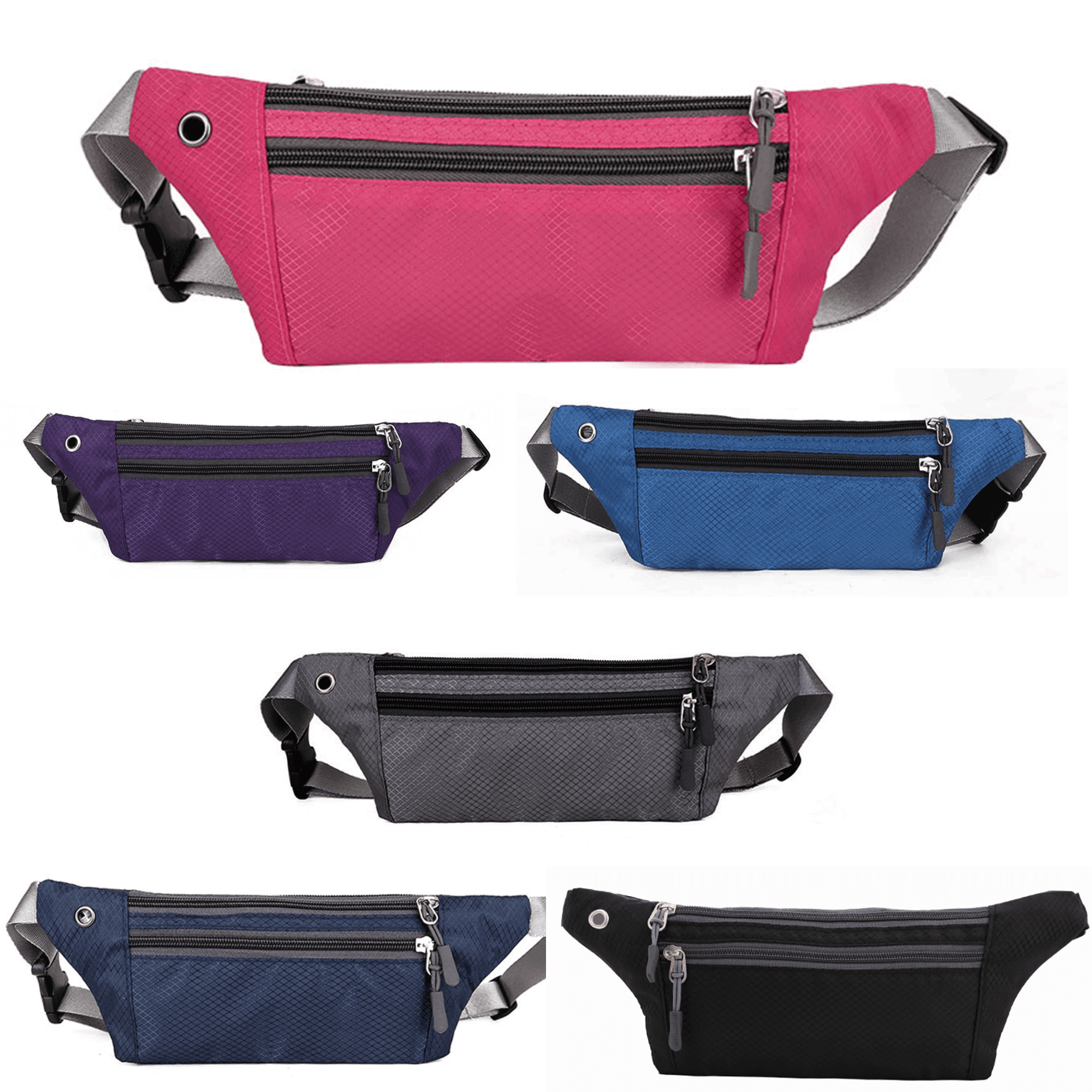 Waterproof nylon fanny pack and running belt with adjustable strap and multiple secure zipper pockets