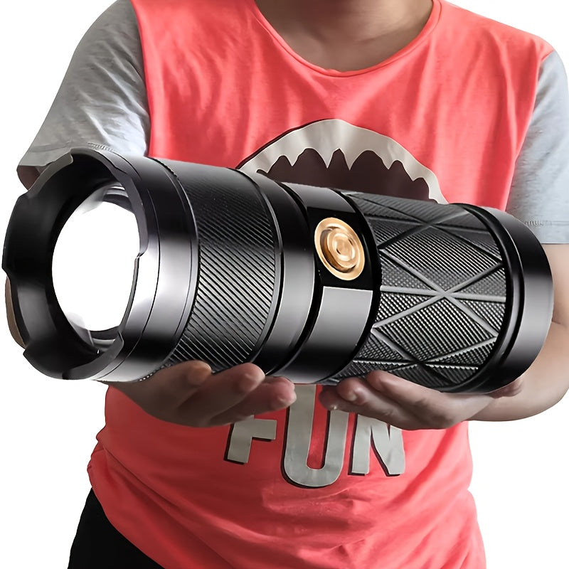 Rechargeable tactical flashlight in black aluminum alloy featuring COB side light and a flat magnetic base — view 2