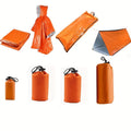 Four-piece outdoor survival tube tent and thermal blanket set in lightweight silver polyethylene material.