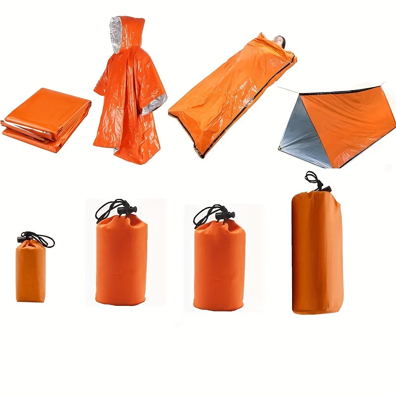 Four-piece outdoor survival tube tent and thermal blanket set in lightweight silver polyethylene material.