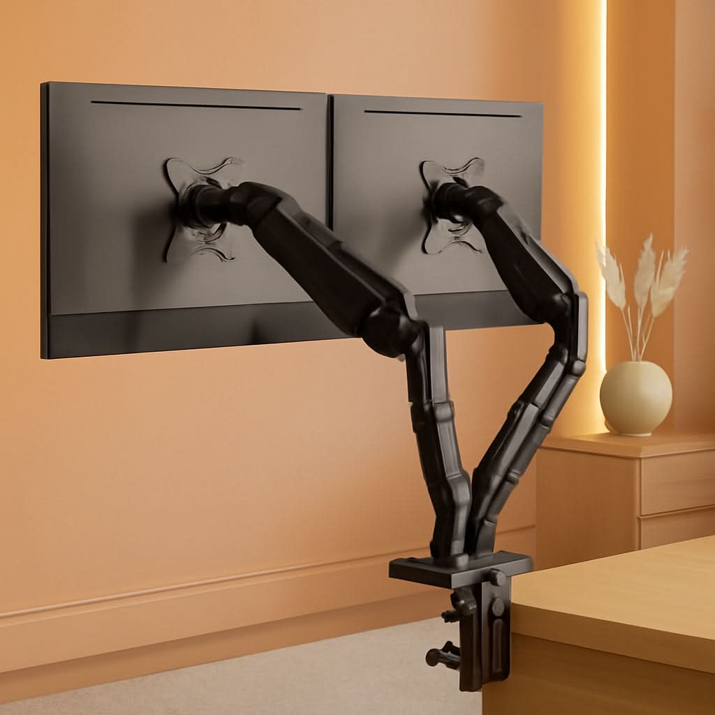Adjustable dual monitor stand with gas spring arms attached to a wooden desk setup