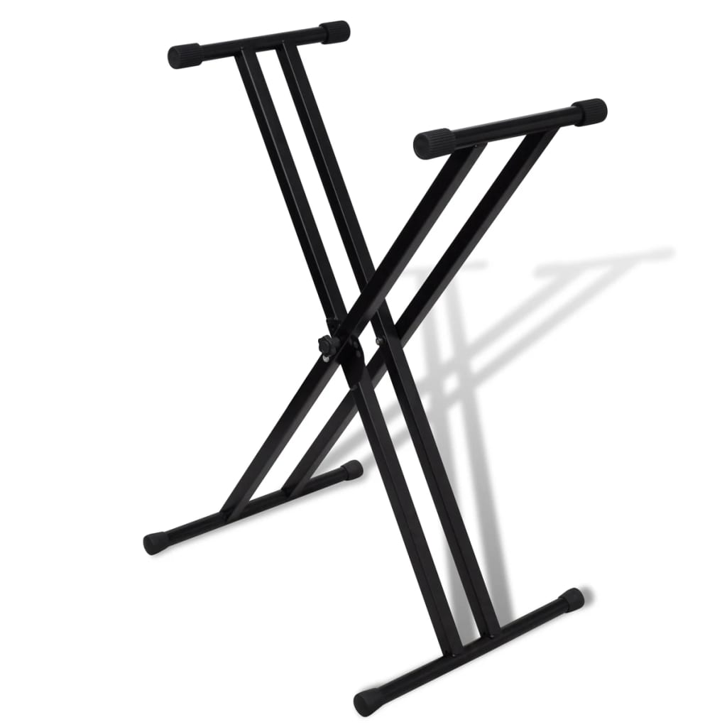 Black steel double braced keyboard stand with X-frame design and adjustable height for musical instruments
