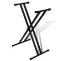 Black steel double braced keyboard stand with X-frame design and adjustable height for musical instruments