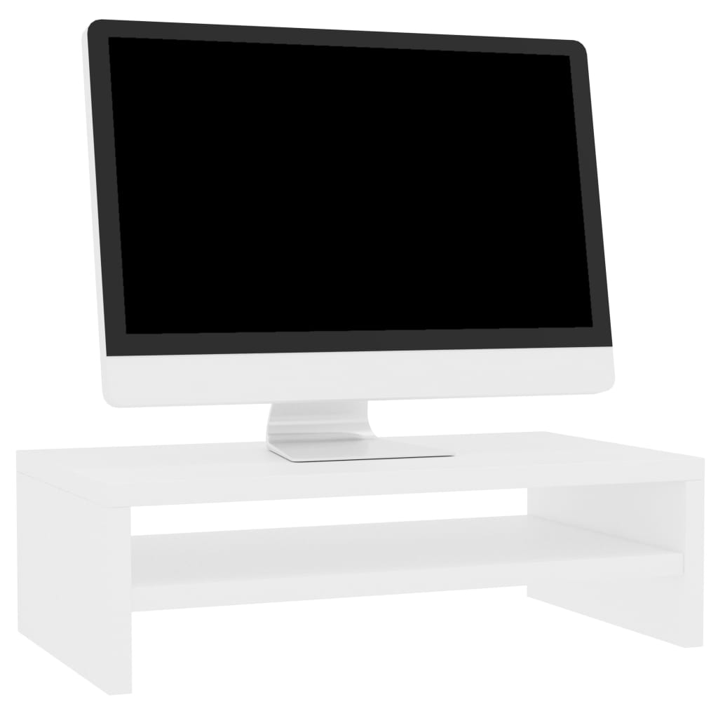 White engineered wood monitor stand and desktop riser with integrated storage shelf. — view 3