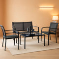 Black 4-piece outdoor patio furniture set with textilene chairs and tempered glass coffee table