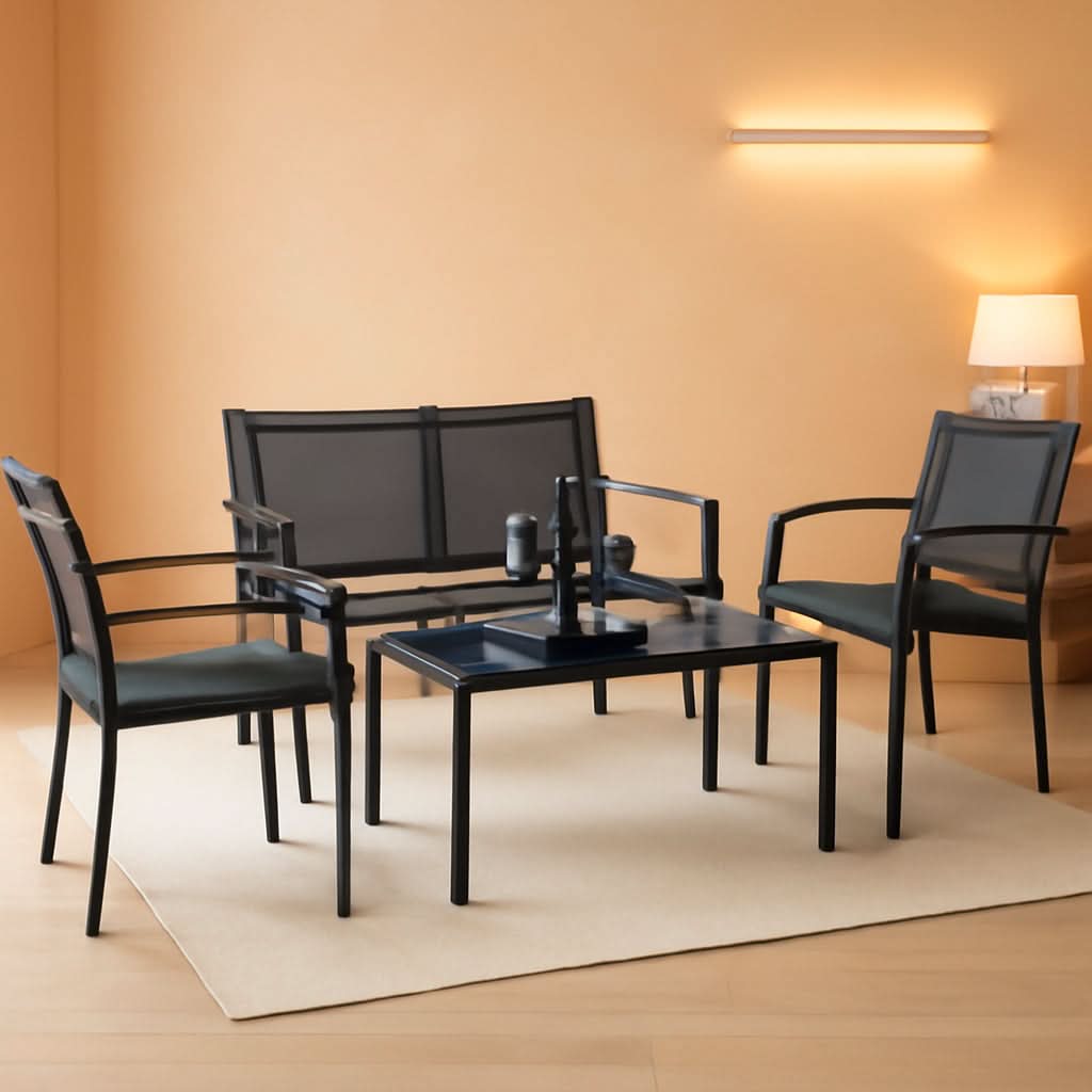 Black 4-piece outdoor patio furniture set with textilene chairs and tempered glass coffee table