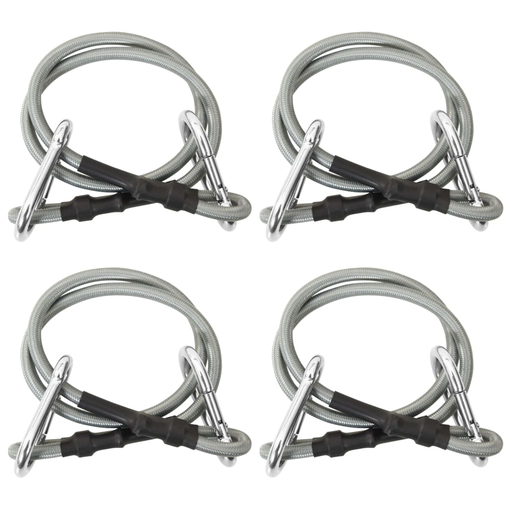 Set of four black rubber tension ropes with silver carabiner hooks on both ends