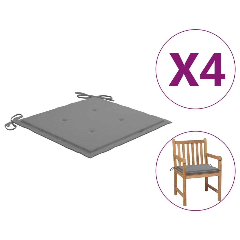 Four grey square outdoor chair cushions made of water-resistant fabric with corner tie ropes