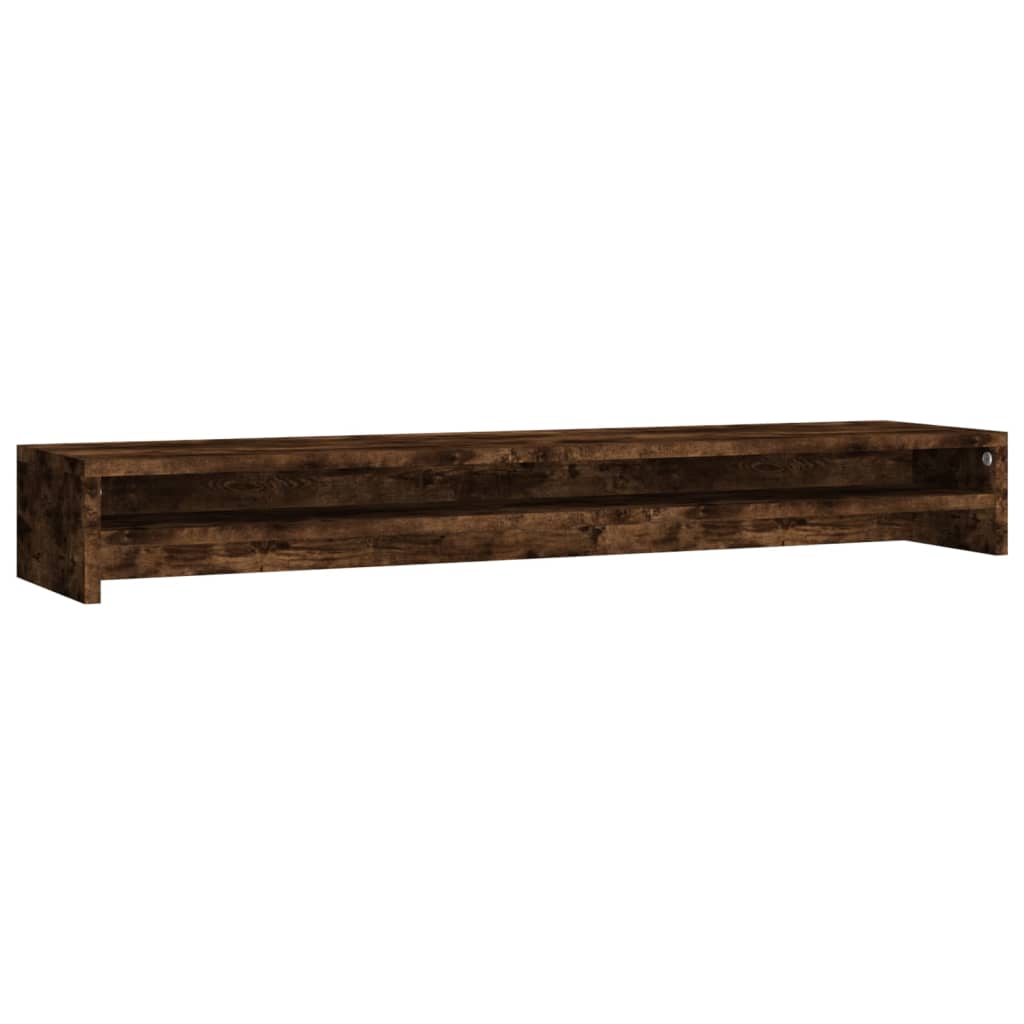 Smoked oak engineered wood dual monitor stand with an integrated storage shelf for desk organization — view 2