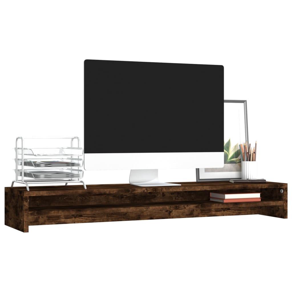 Smoked oak engineered wood dual monitor stand with an integrated storage shelf for desk organization — view 3