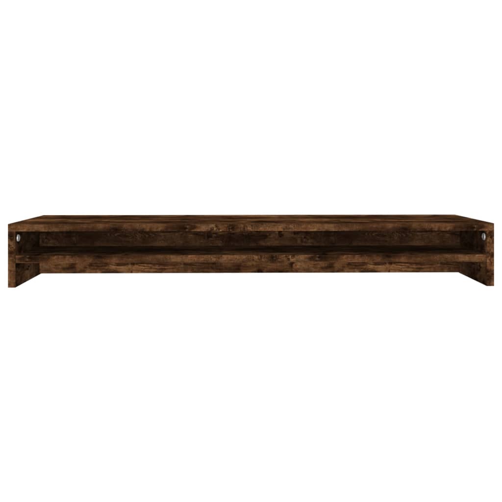 Smoked oak engineered wood dual monitor stand with an integrated storage shelf for desk organization — view 4
