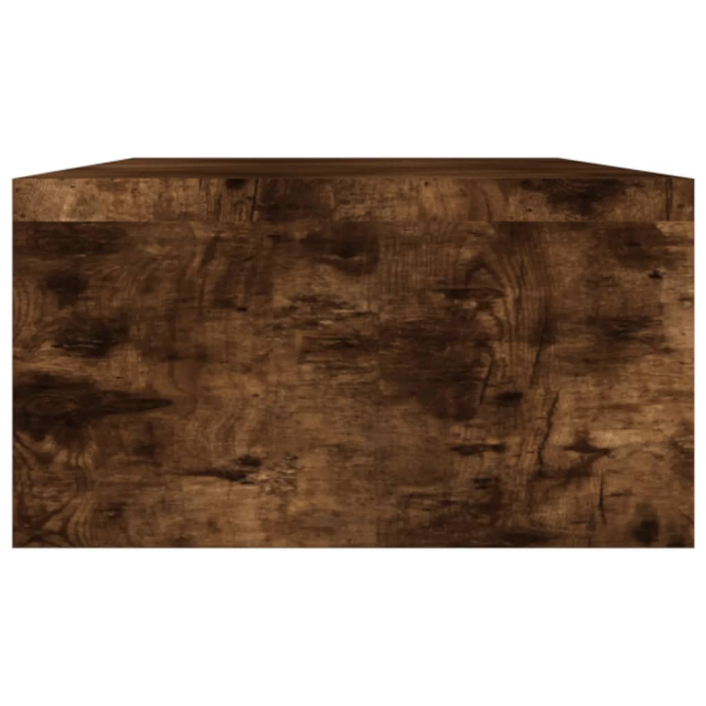 Smoked oak engineered wood dual monitor stand with an integrated storage shelf for desk organization — view 5