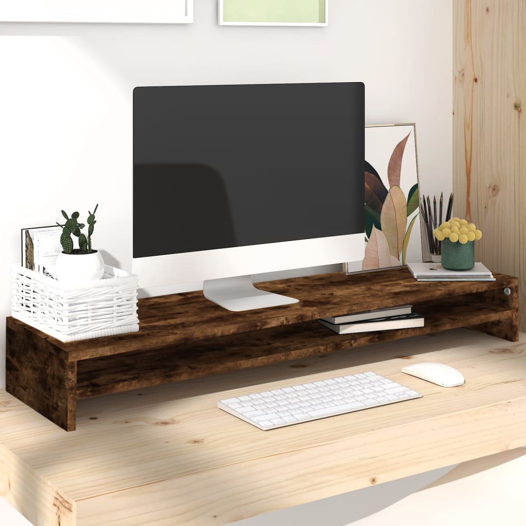 Smoked oak engineered wood dual monitor stand with an integrated storage shelf for desk organization