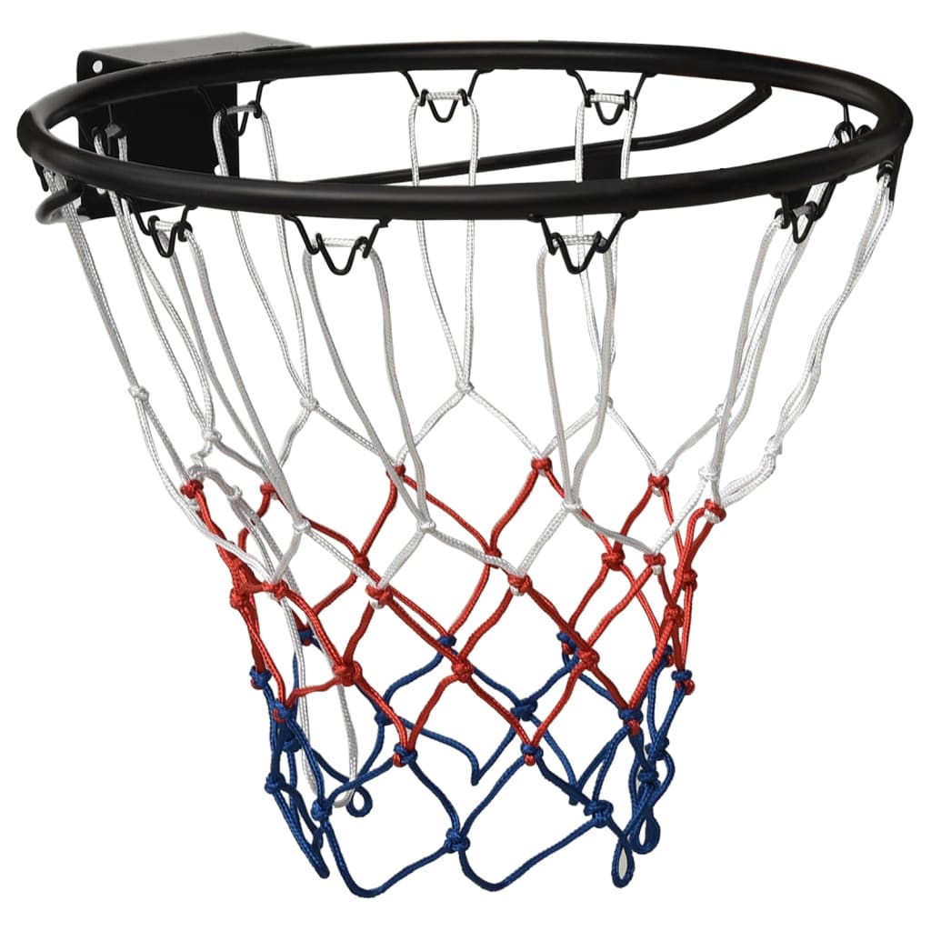 Black steel 45cm basketball ring with tri-color all weather nylon net for wall mounting