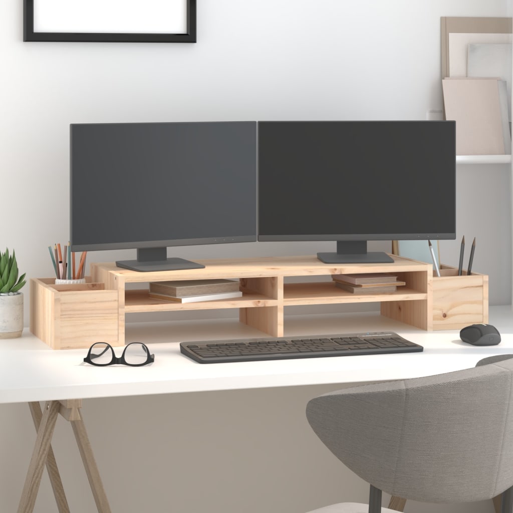 Solid pine monitor stand with straight grain, showing underneath keyboard storage and four side slots. — view 3