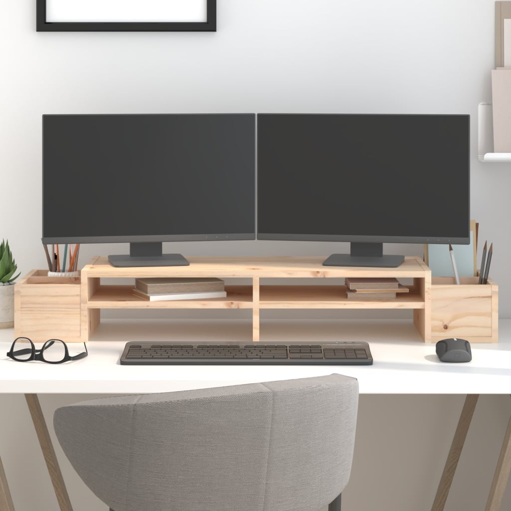 Solid pine monitor stand with straight grain, showing underneath keyboard storage and four side slots.