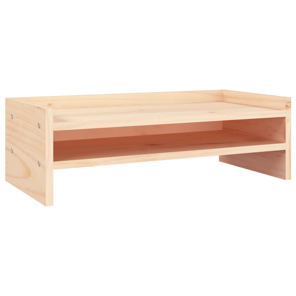 Solid wood monitor stand in untreated rustic pine, featuring under-desk storage space for a keyboard. — view 2