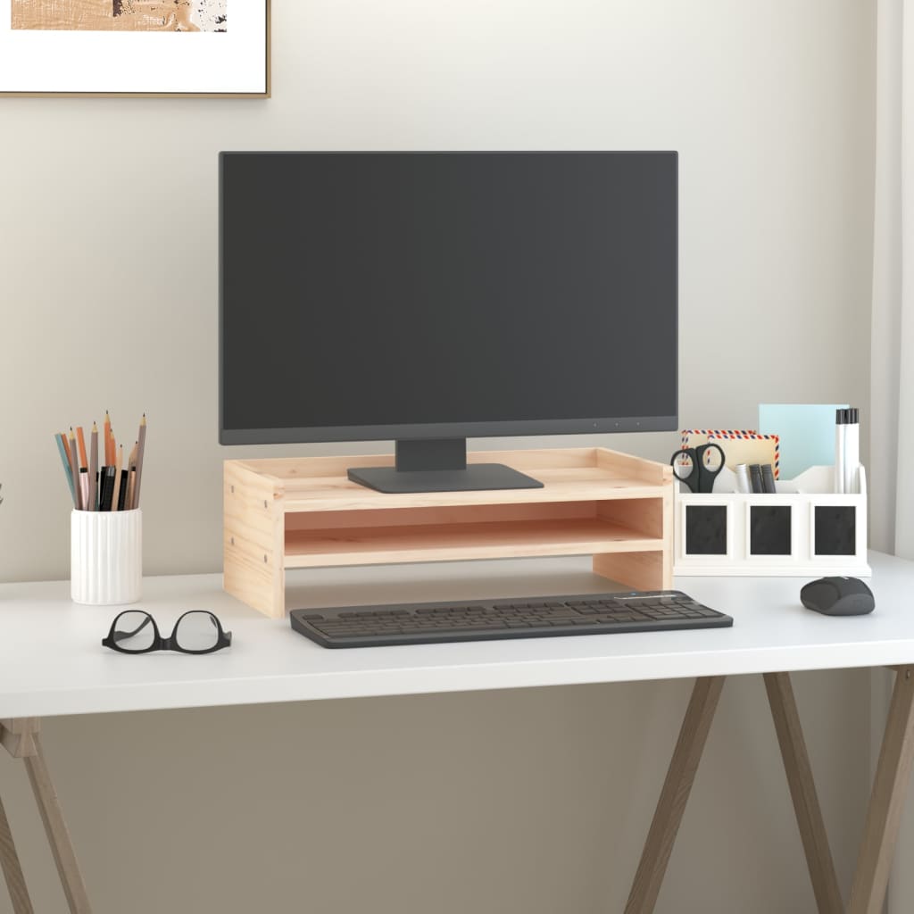 Solid wood monitor stand in untreated rustic pine, featuring under-desk storage space for a keyboard. — view 3
