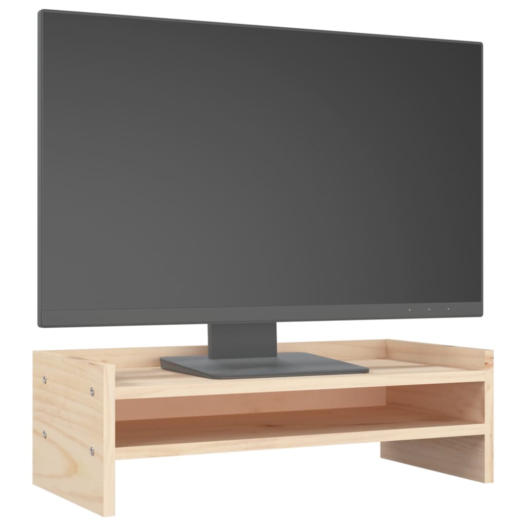 Solid wood monitor stand in untreated rustic pine, featuring under-desk storage space for a keyboard. — view 4