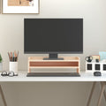Solid wood monitor stand in untreated rustic pine, featuring under-desk storage space for a keyboard.