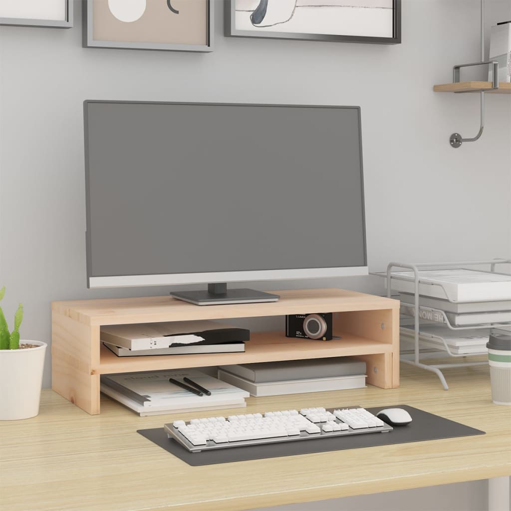 Adjustable solid pine wood monitor stand with minimalist design acting as an ergonomic desk riser — view 3