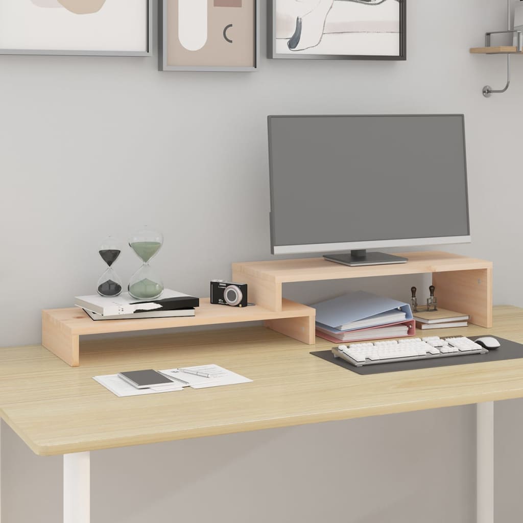 Adjustable solid pine wood monitor stand with minimalist design acting as an ergonomic desk riser