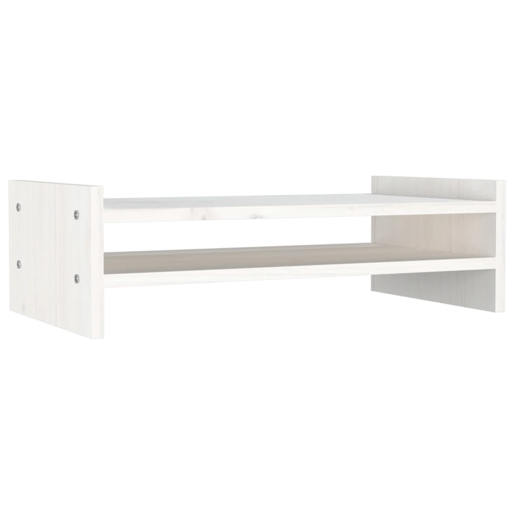 White solid pine wood monitor stand on a modern desk with underneath storage space — view 2