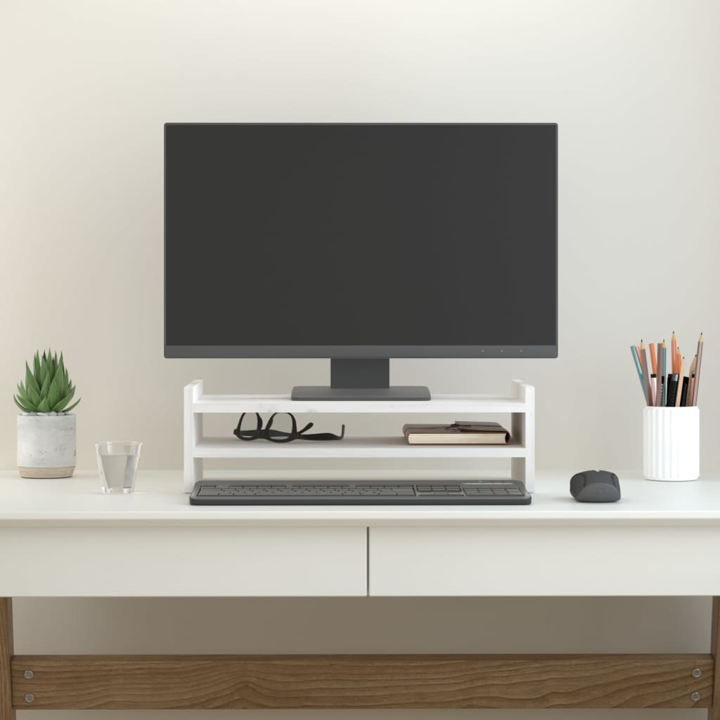 White solid pine wood monitor stand on a modern desk with underneath storage space — view 3