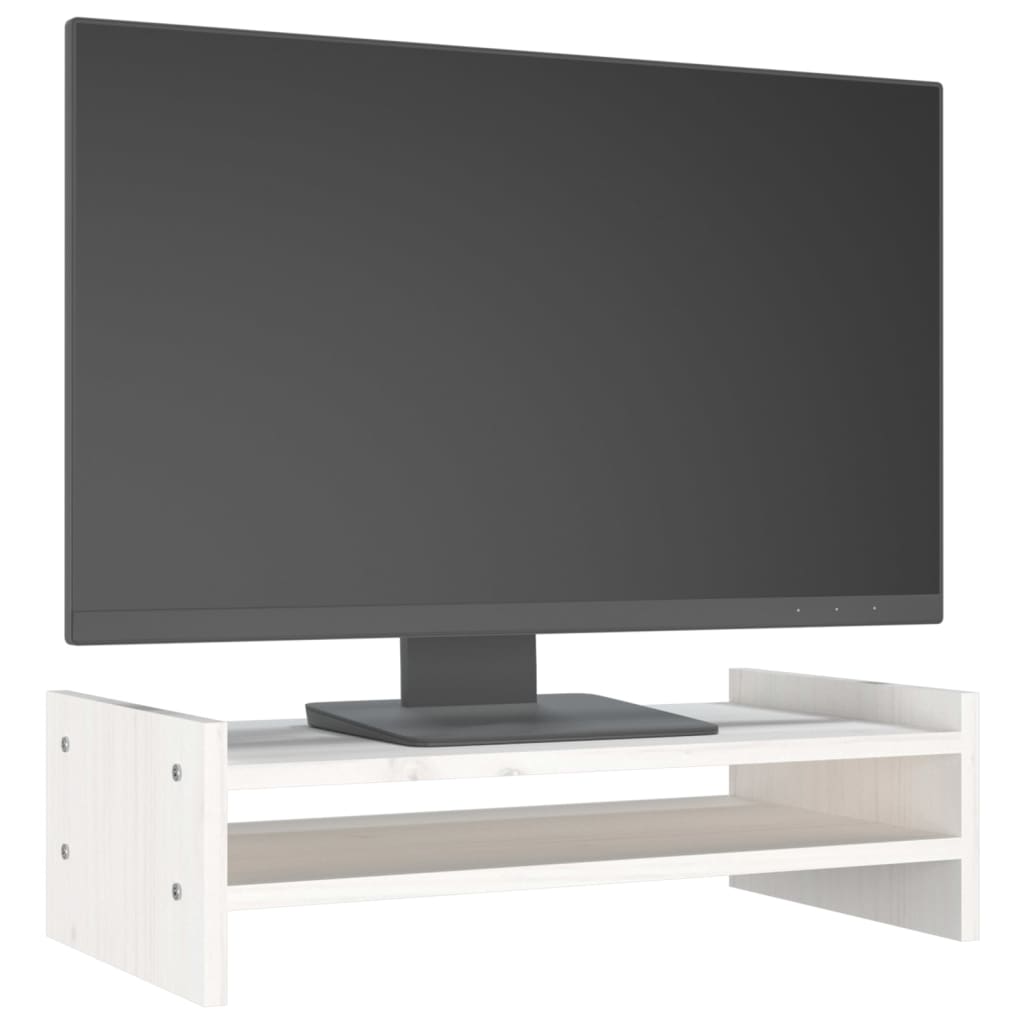 White solid pine wood monitor stand on a modern desk with underneath storage space — view 4