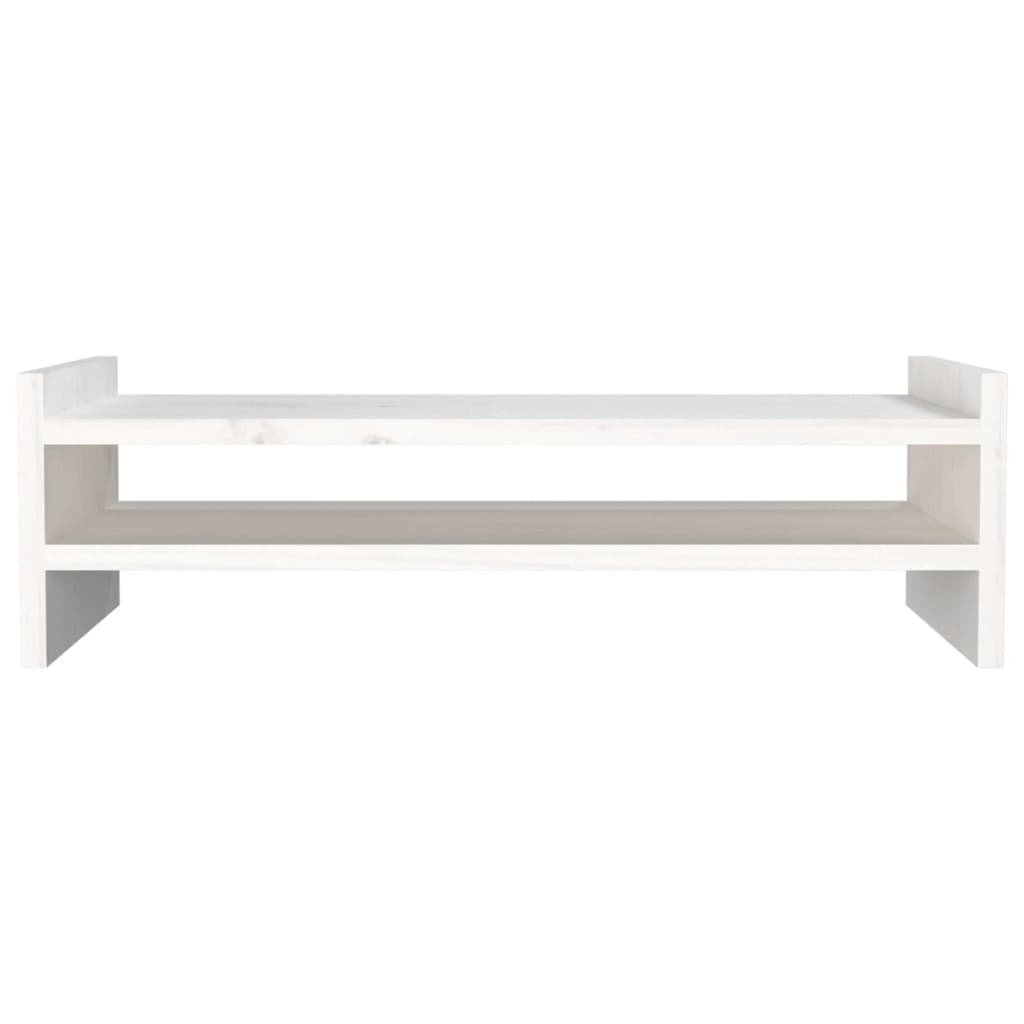 White solid pine wood monitor stand on a modern desk with underneath storage space — view 5