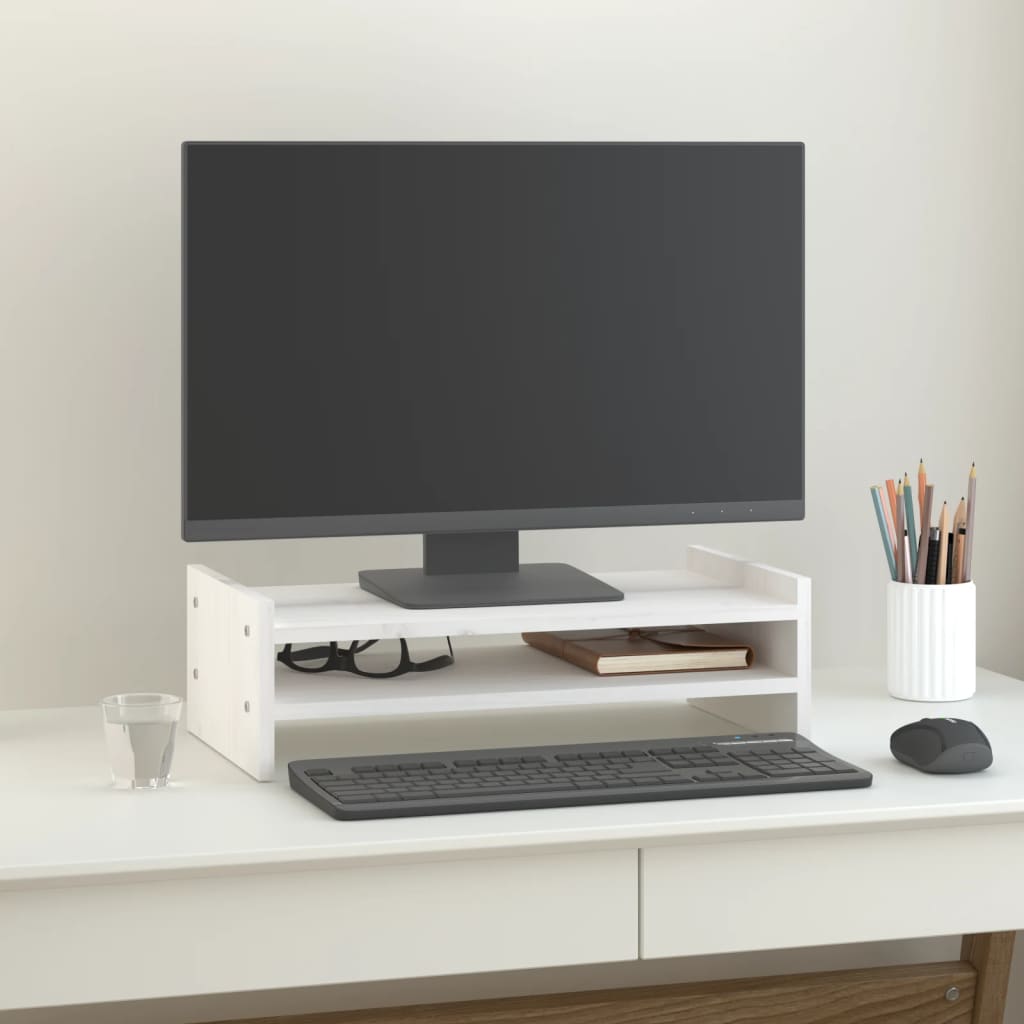 White solid pine wood monitor stand on a modern desk with underneath storage space