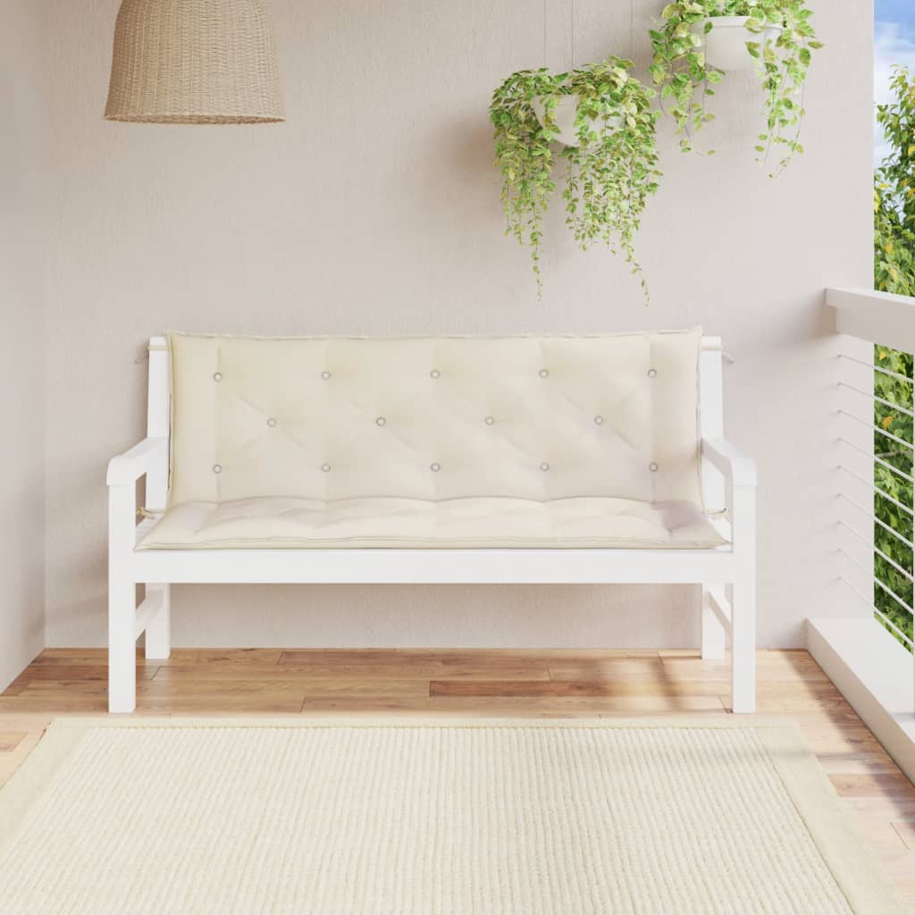 Cream white garden bench cushions in water resistant Oxford fabric, two piece set with tie ropes