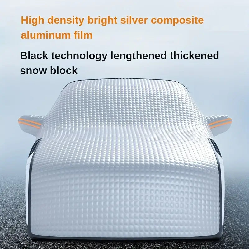 Universal car snow shield in silvery finish covering a vehicle windshield for winter ice protection — view 2