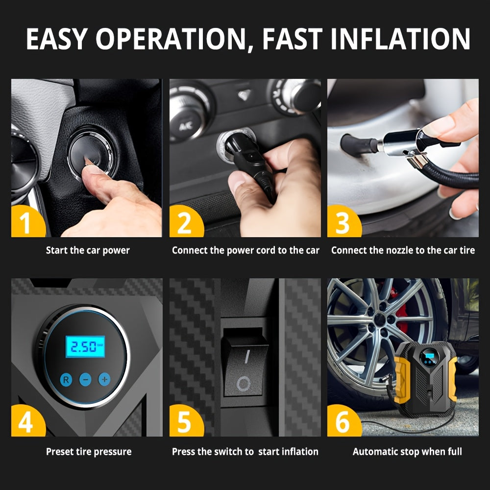 Yellow portable digital tire inflator and air compressor pump with 12V car plug and LED light — view 5