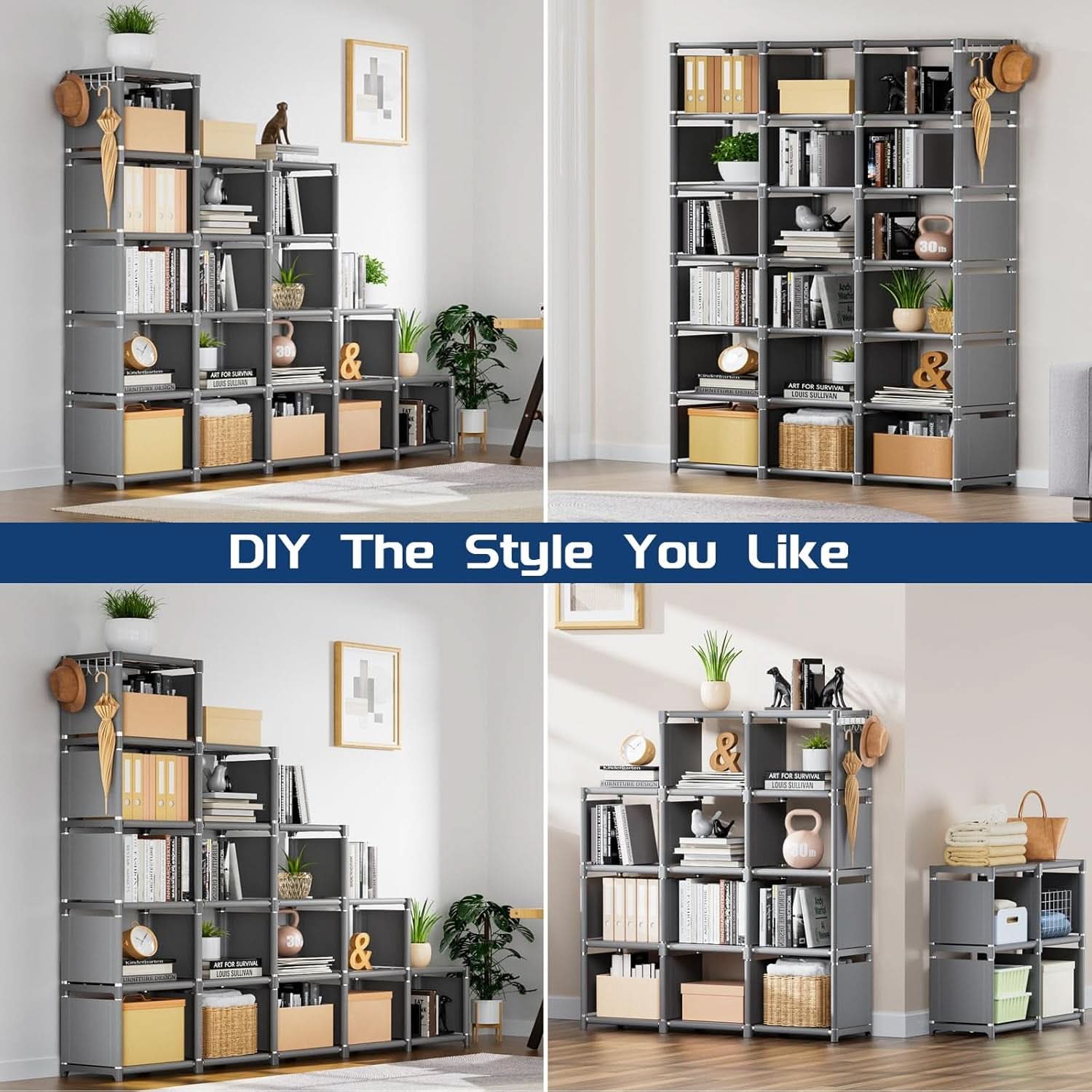 Grey 18 cube modular tall storage organizer bookcase with fabric bins and side hook — view 3