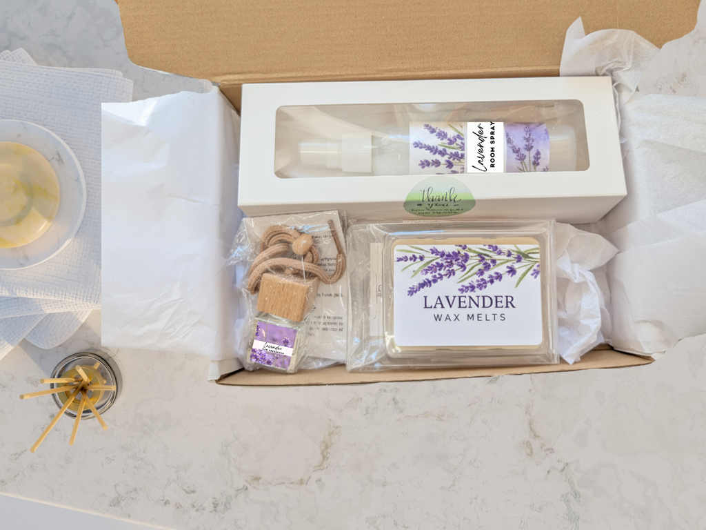 Lavender serenity aromatherapy gift box with room spray, handmade wax melts, and elegant reed diffuser — view 2