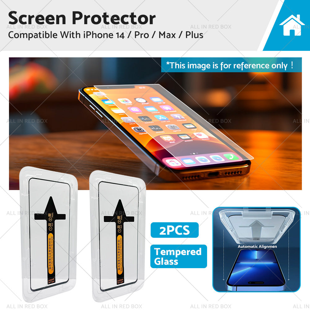 Tempered glass screen protector for iPhone 14 with auto alignment installation tray and cleaning kit