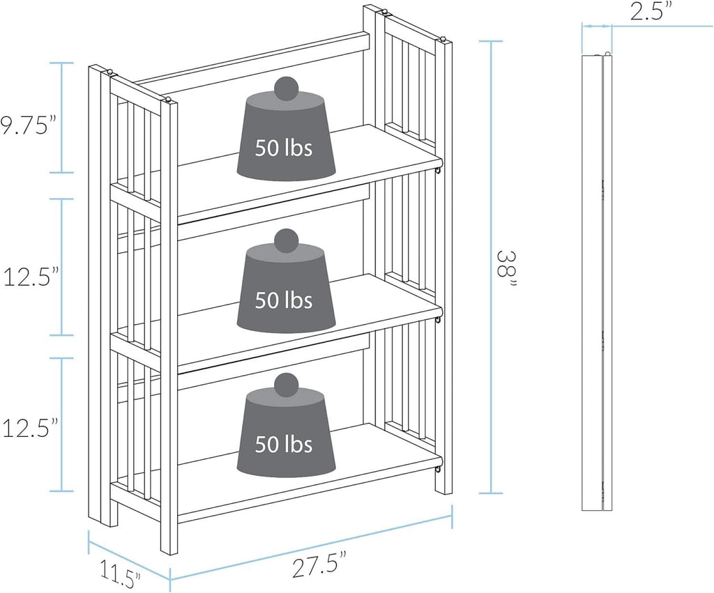 Three shelf folding stackable bookcase in rich solid espresso wood for home office storage — view 3