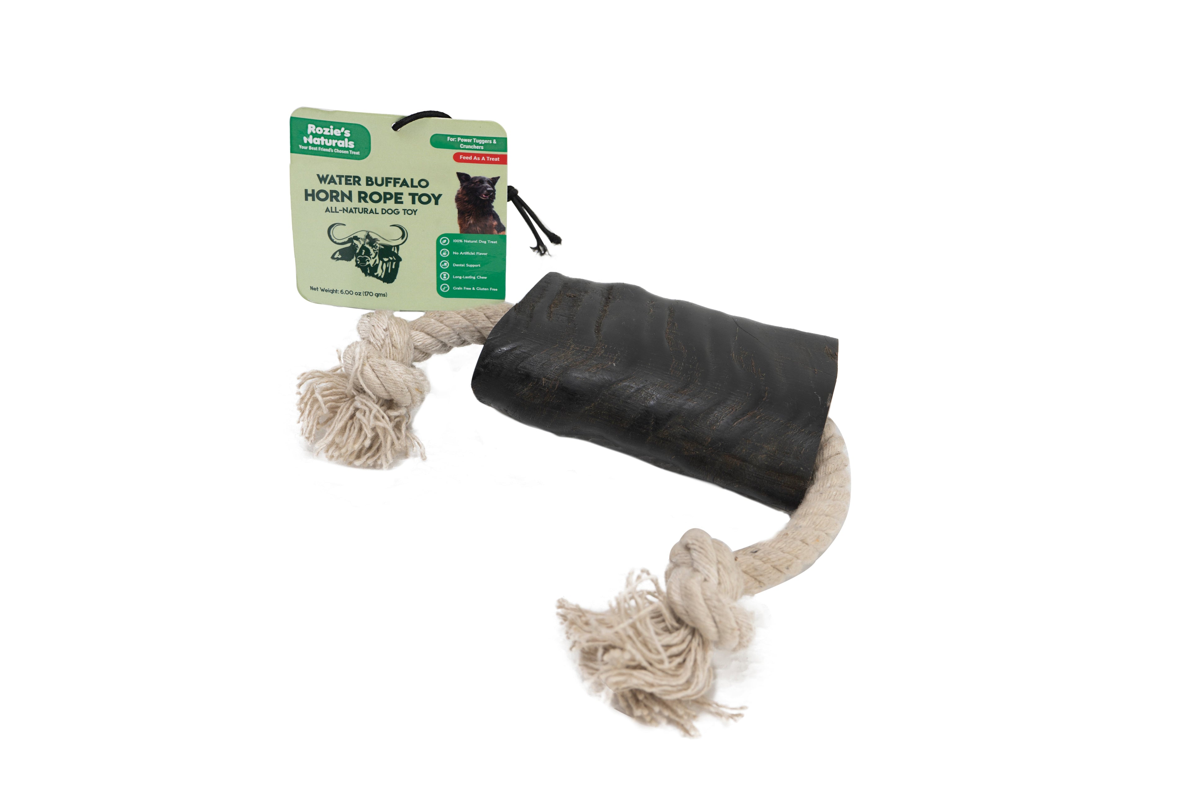 Two count natural water buffalo horn dog chews with fourteen inch cotton rope tug toy — view 4