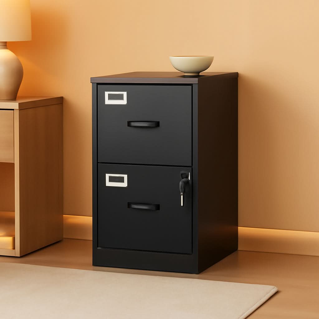 Two drawer steel vertical locking file cabinet for secure letter size office document storage