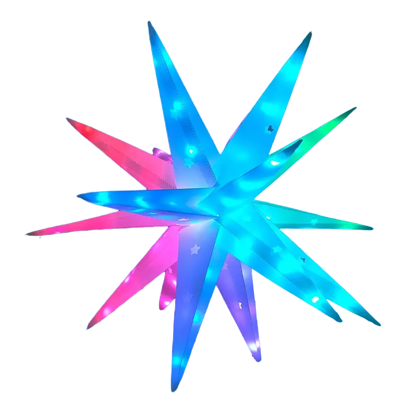 Color-changing 18-point LED 3D Moravian star light illuminating a festive indoor or outdoor holiday space