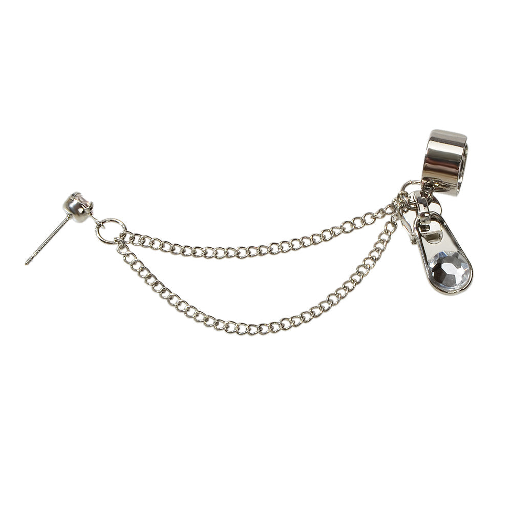 Punk rhinestone chain ear cuff in silver tone featuring a zipper stud and cartilage clip — view 3