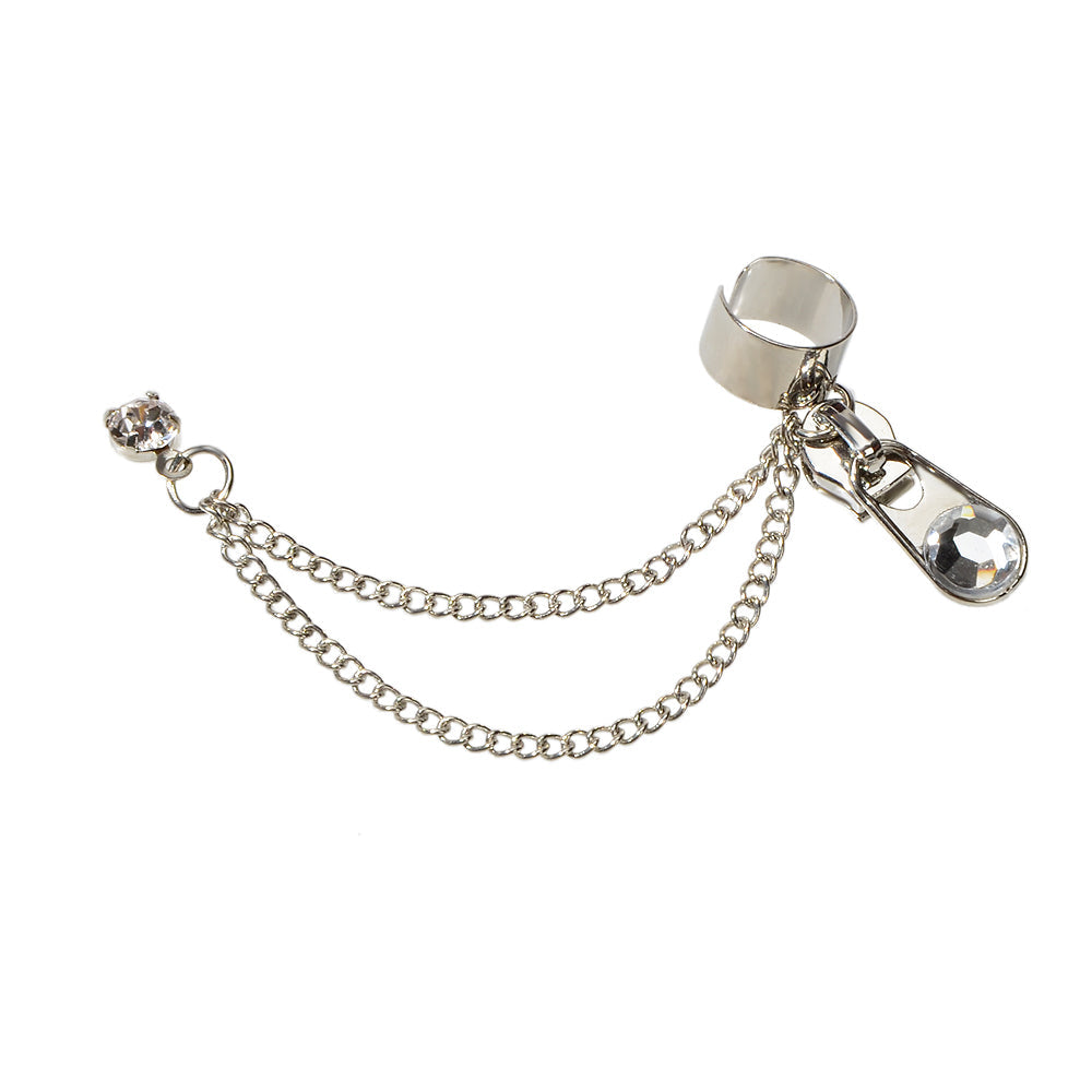 Punk rhinestone chain ear cuff in silver tone featuring a zipper stud and cartilage clip — view 4